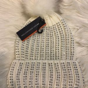 French Connection Rhinestone Studded Cable Knit Beanie Hat